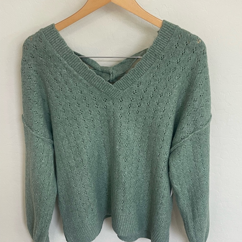 Francesca's Collections Sage V-Neck Sweater with Back Bow Tie